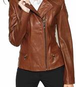 women's brown lambskin leather biker jacket classic moto zip style premium elegant