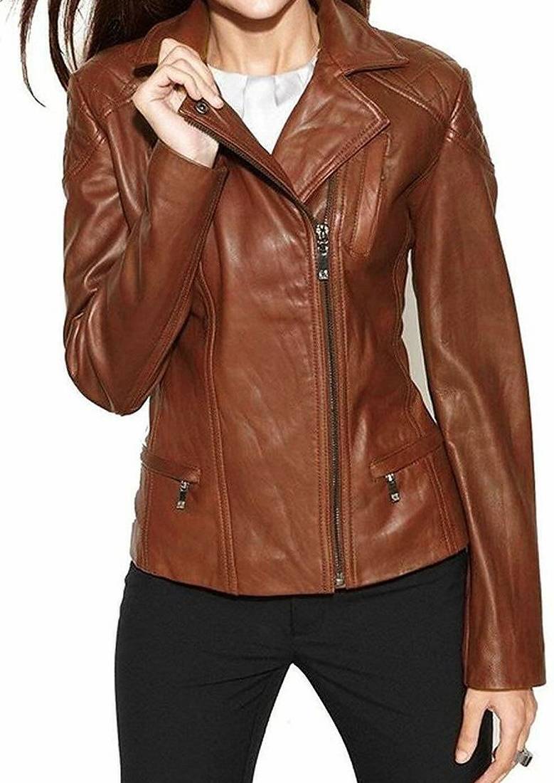 women's brown lambskin leather biker jacket classic moto zip style premium elegant