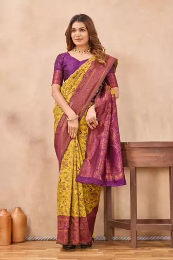 Mustard wine silk blend banarasi saree with unstitched blouse piece