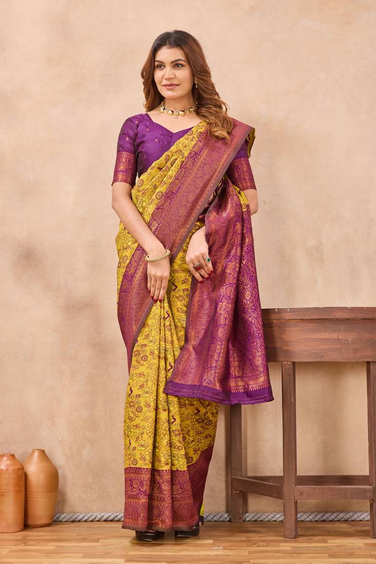 Mustard wine silk blend banarasi saree with unstitched blouse piece