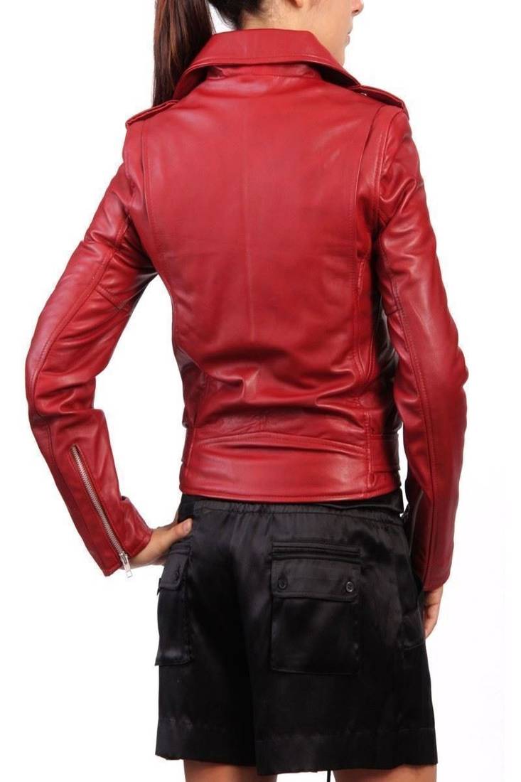 women's red lambskin leather biker jacket classic moto zip style elite