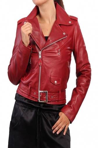 Women’s red lambskin leather jacket- multiple zipper detail biker stylish slim fit