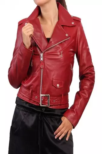 women's red lambskin leather biker jacket classic moto zip style elite