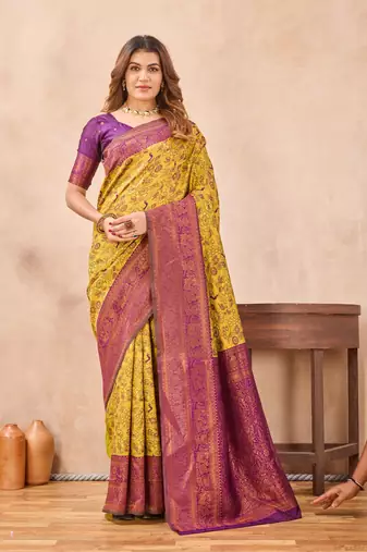 Mustard wine silk blend banarasi saree with unstitched blouse piece