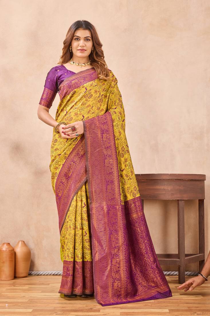 Mustard wine silk blend banarasi saree with unstitched blouse piece