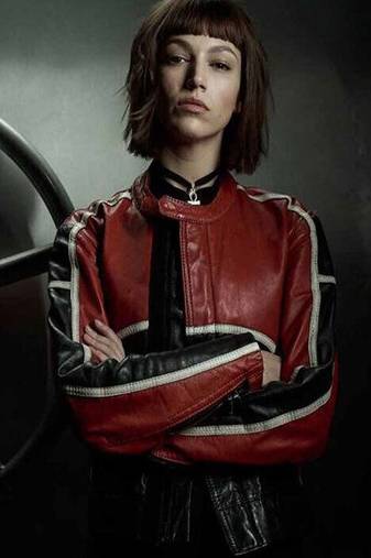 Women’s red white & black lambskin leather jacket- zipper detail biker stylish slim fit
