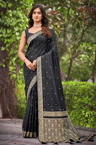 black saree with heavy jacquard work saree with blouse piece