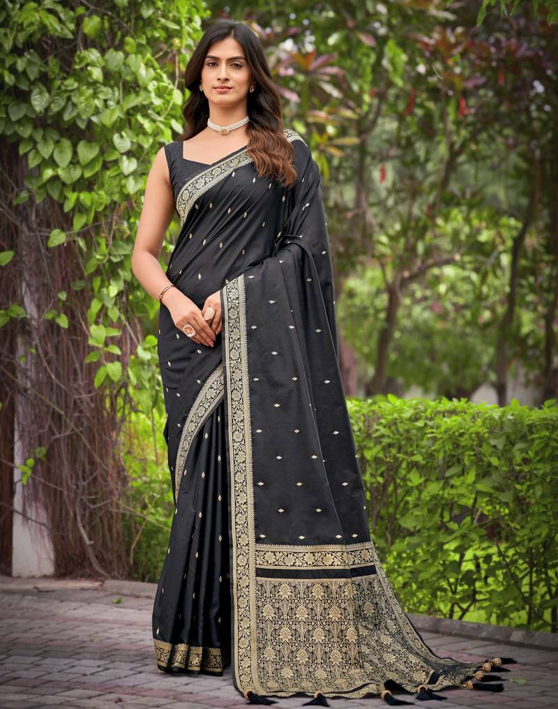 black saree with heavy jacquard work saree with blouse piece