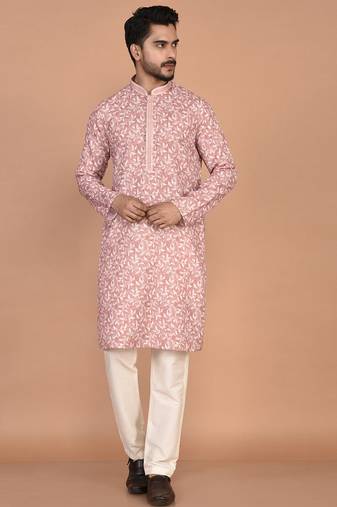 Men's printed cotton kurta with regular thread work