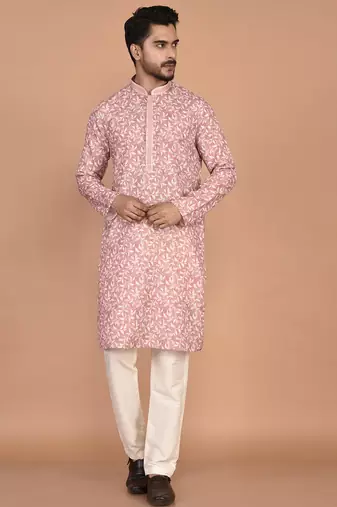Men's printed cotton kurta with regular thread work
