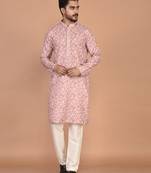 Men's printed cotton kurta with regular thread work