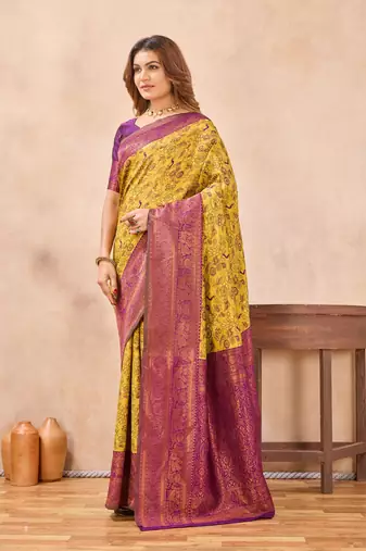 Mustard wine silk blend banarasi saree with unstitched blouse piece