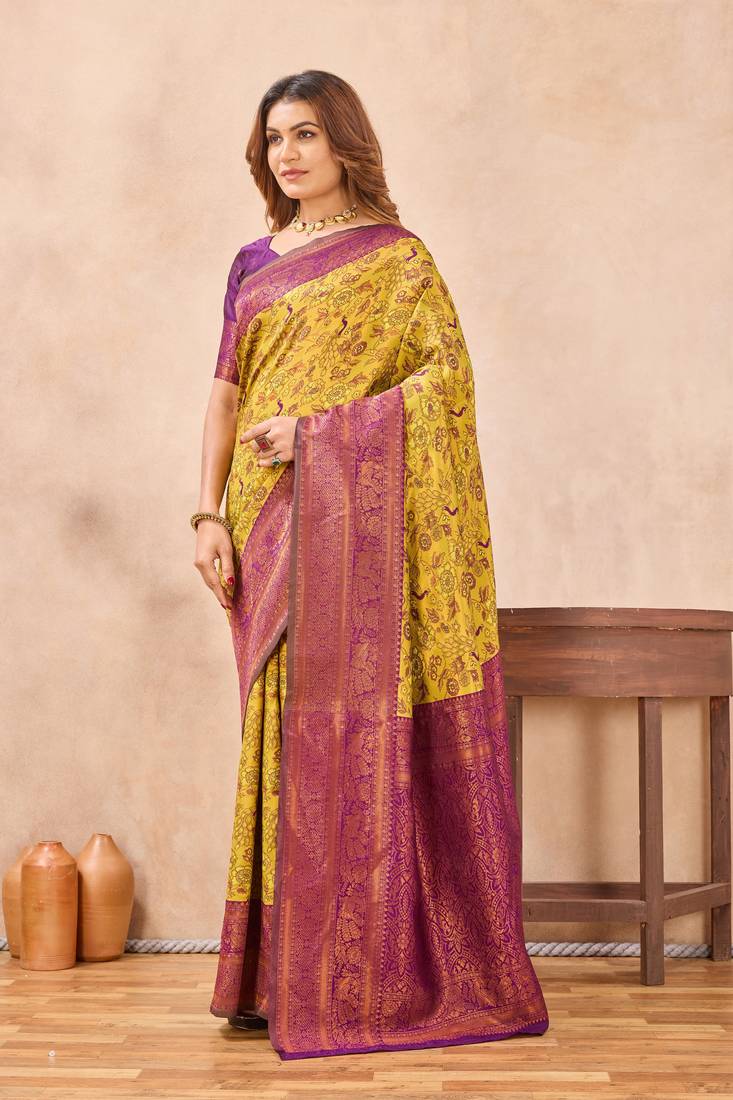 Mustard wine silk blend banarasi saree with unstitched blouse piece