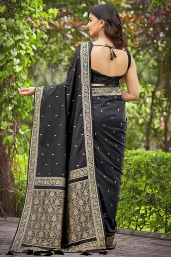 black saree with heavy jacquard work saree with blouse piece