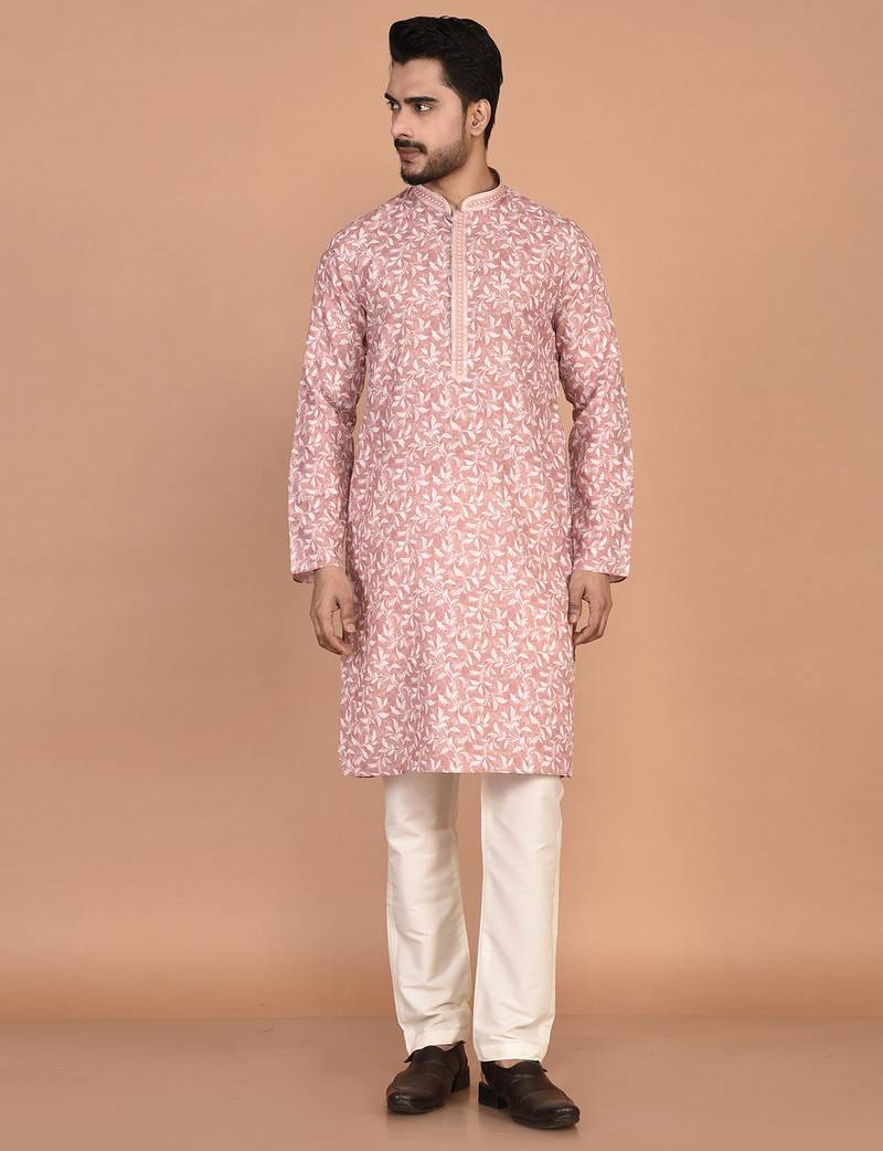 Men's printed cotton kurta with regular thread work