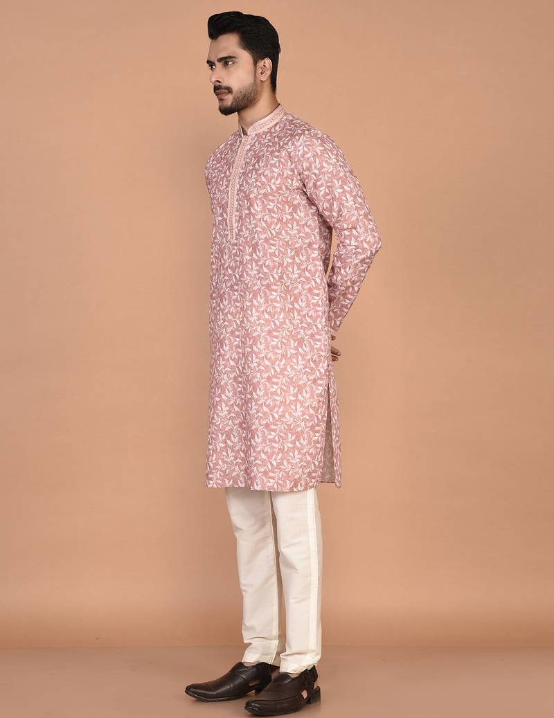 Men's printed cotton kurta with regular thread work
