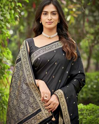 black saree with heavy jacquard work saree with blouse piece 3