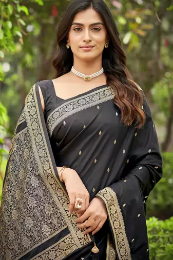 black saree with heavy jacquard work saree with blouse piece