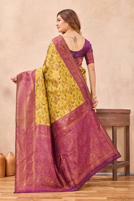 Mustard wine silk blend banarasi saree with unstitched blouse piece 5