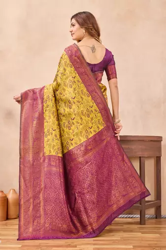 Mustard wine silk blend banarasi saree with unstitched blouse piece