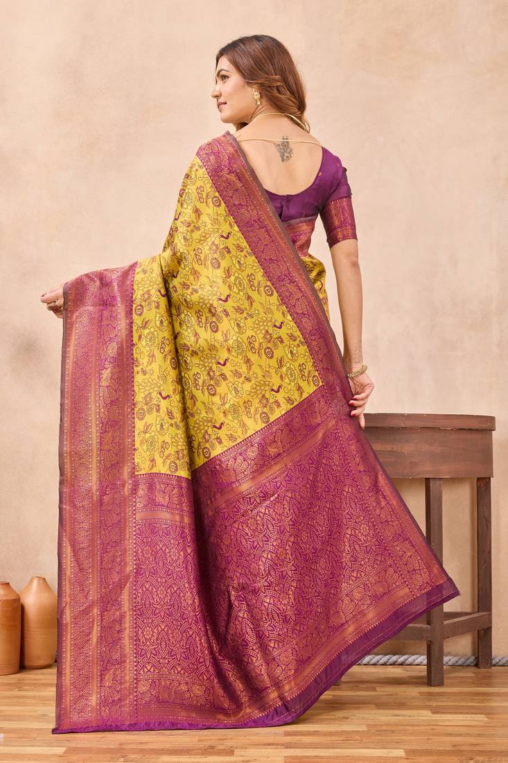 Mustard wine silk blend banarasi saree with unstitched blouse piece