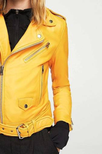 Women’s yellow  lambskin leather jacket- multiple zipper & detail  biker stylish look