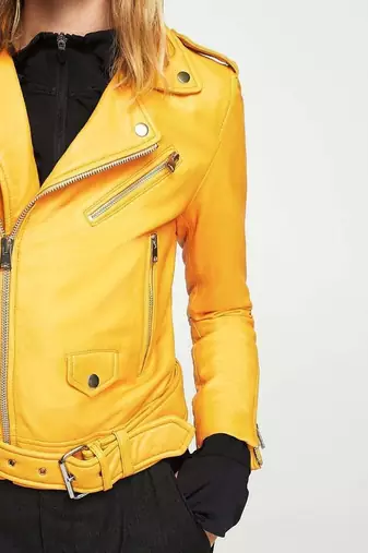 women's yellow lambskin leather biker jacket classic moto zip style exclusive