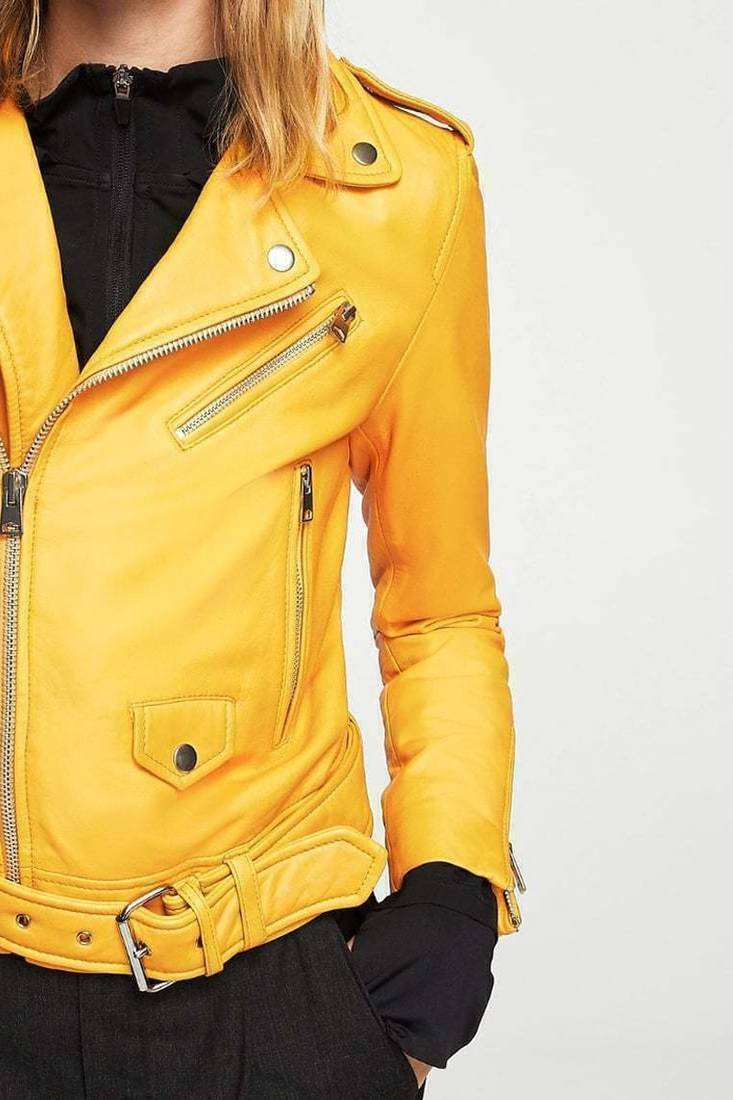 women's yellow lambskin leather biker jacket classic moto zip style exclusive