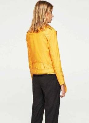 women's yellow lambskin leather biker jacket classic moto zip style exclusive 2