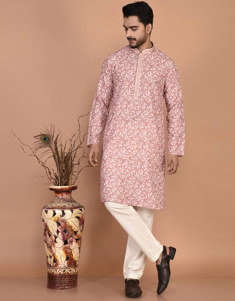 Men's printed cotton kurta with regular thread work