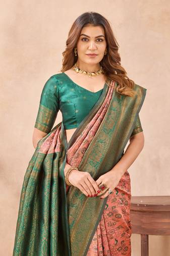 Peach green silk blend banarasi saree with unstitched blouse piece