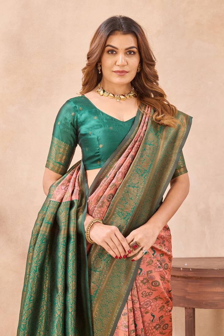 Peach green soft silk blend banarasi jacuard work designer party wear saree with unstitched blouse piece
