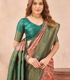 Peach green silk blend banarasi saree with unstitched blouse piece