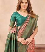 Peach green silk blend banarasi saree with unstitched blouse piece
