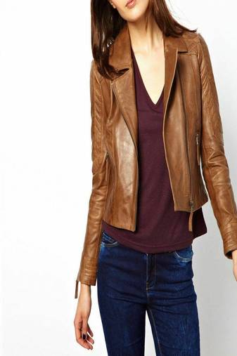 Women’s brown  lambskin leather jacket-zipper detail  biker stylish look