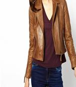 women's brown lambskin leather biker jacket classic moto zip style premium sophisticated