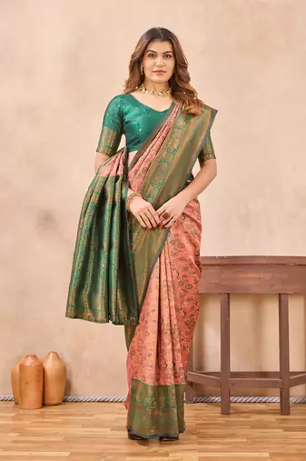 Peach green silk blend banarasi saree with unstitched blouse piece