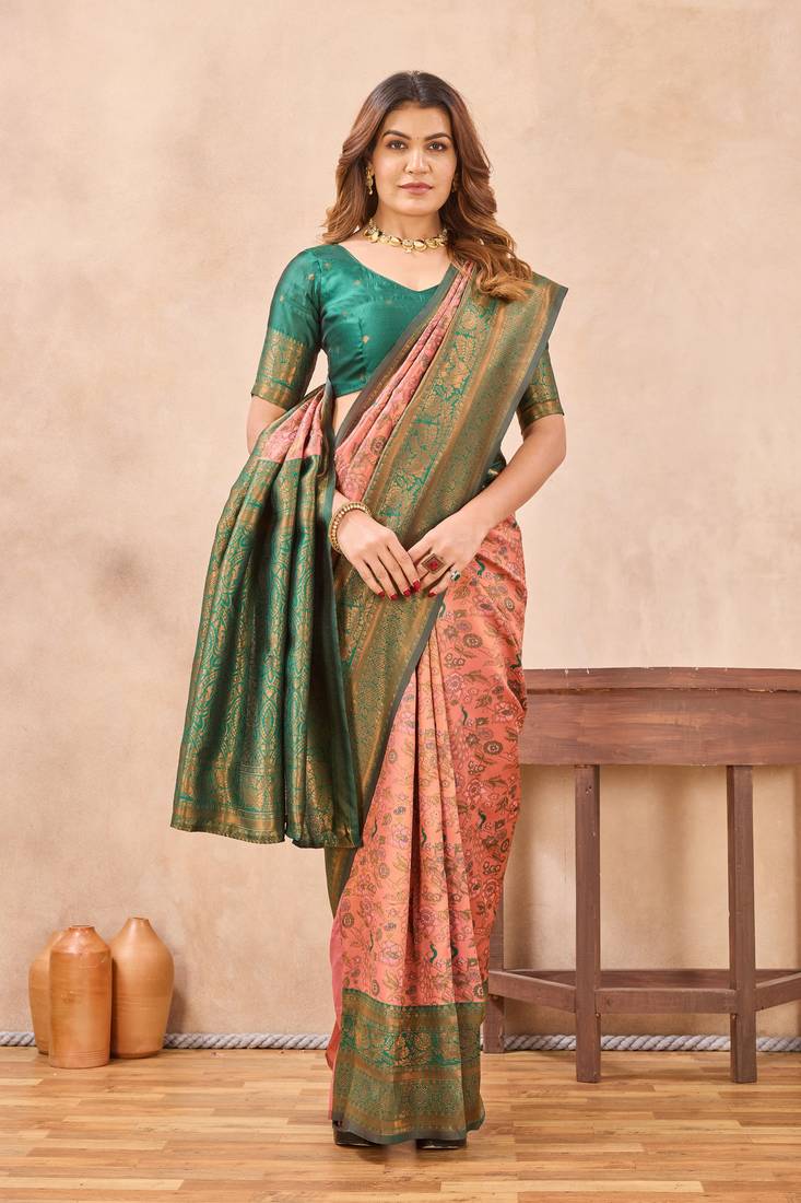 Peach green silk blend banarasi saree with unstitched blouse piece