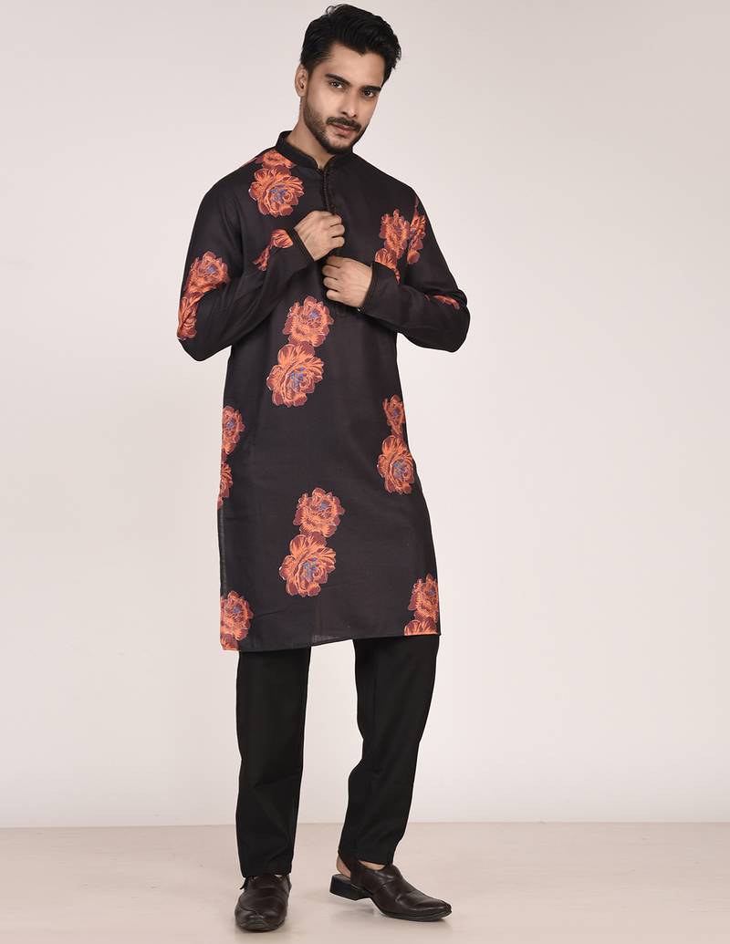 Men's floral printed cotton straight  kurta