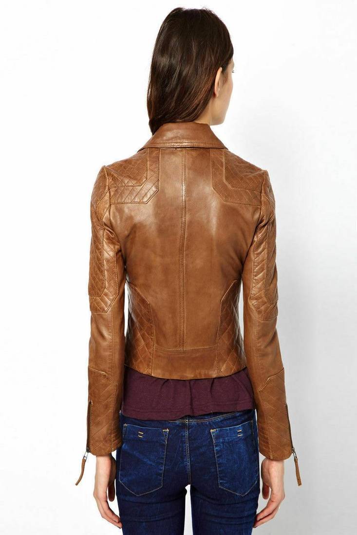 women's brown lambskin leather biker jacket classic moto zip style premium sophisticated