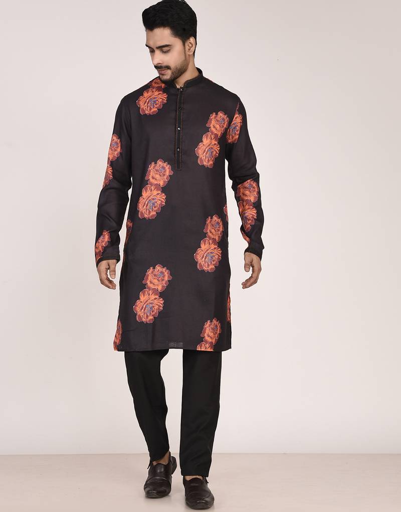 Men's floral printed cotton straight  kurta