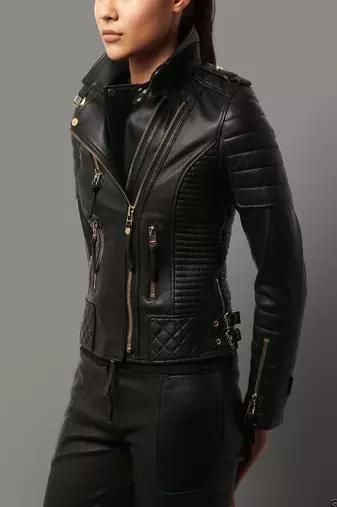 women's black premium lambskin leather jacket quilted shoulder detailing modern