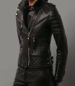 women's black premium lambskin leather jacket quilted shoulder detailing modern