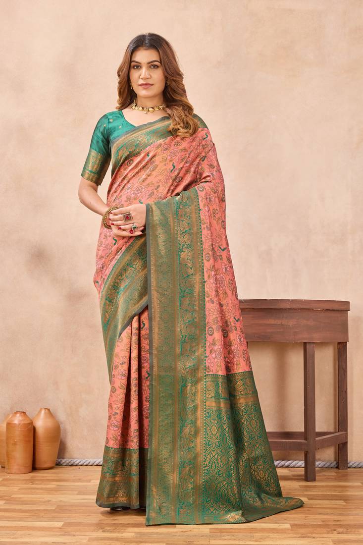 Peach green silk blend banarasi saree with unstitched blouse piece