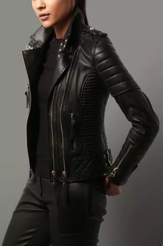 women's black premium lambskin leather jacket quilted shoulder detailing modern