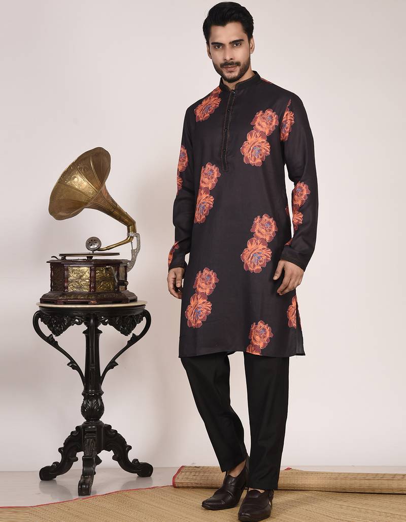 Men's floral printed cotton straight  kurta