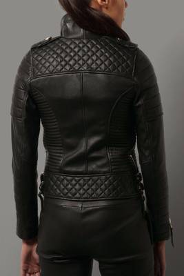 women's black premium lambskin leather jacket quilted shoulder detailing modern 4