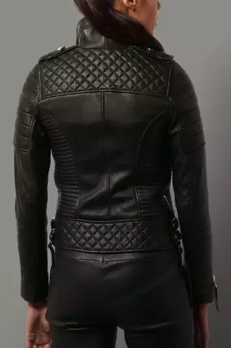 women's black premium lambskin leather jacket quilted shoulder detailing modern