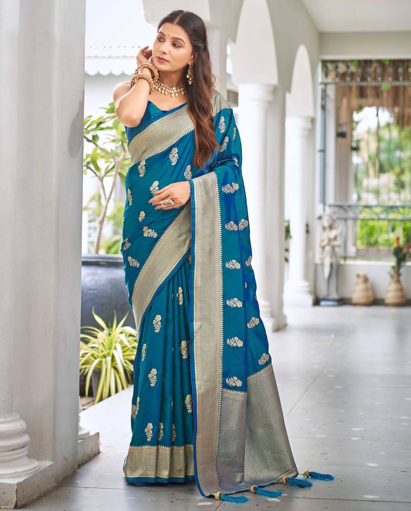 peacock blue saree with heavy jacquard work saree with blouse piece