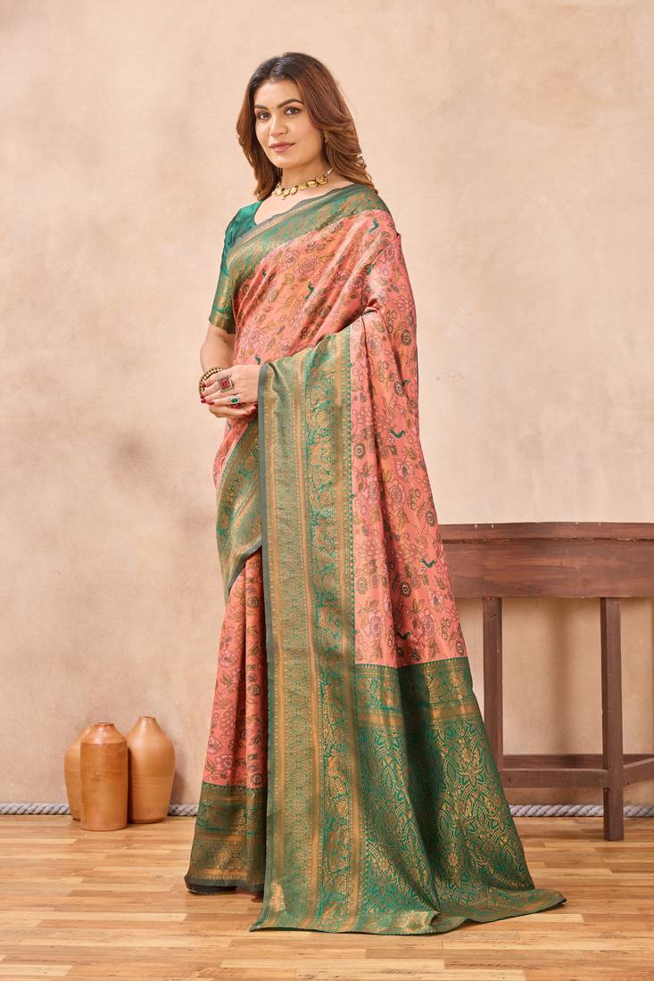 Peach green silk blend banarasi saree with unstitched blouse piece